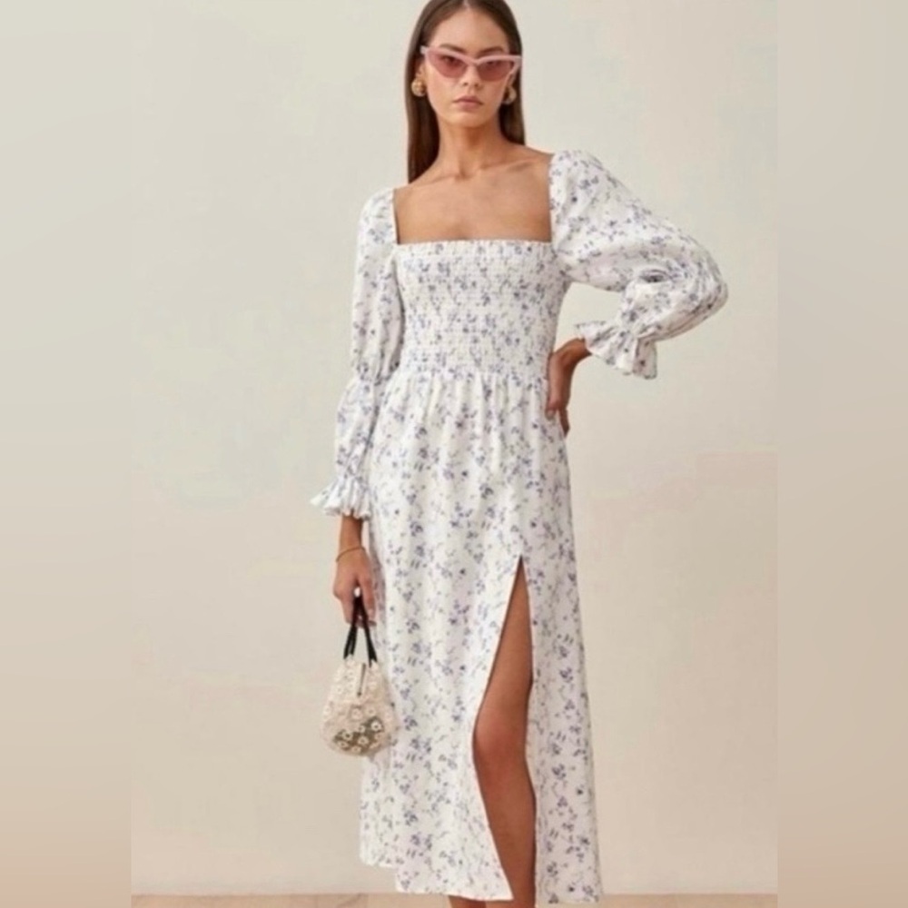 House of Harlow Blue White Floral Linen Smocked Dress Prairie Boho Feminine M
